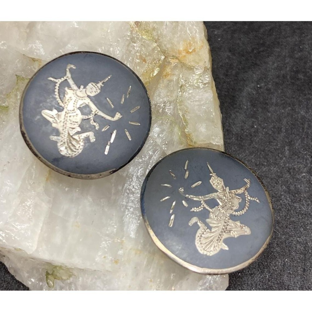 Vintage SIAM‎ BB Bombay Bazar Nielloware Sterling Silver 925 Clip On Earrings 8g